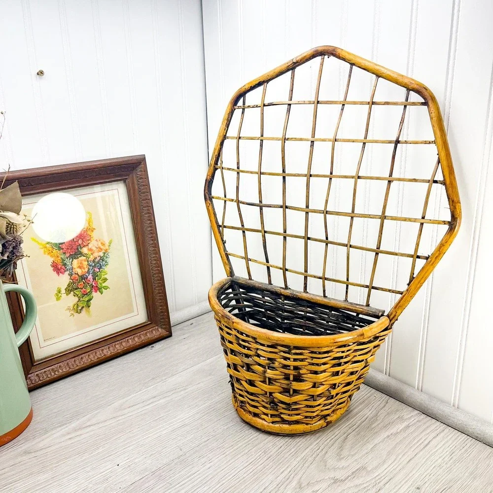 Peacock Wicker Wall Basket with Bamboo Trim